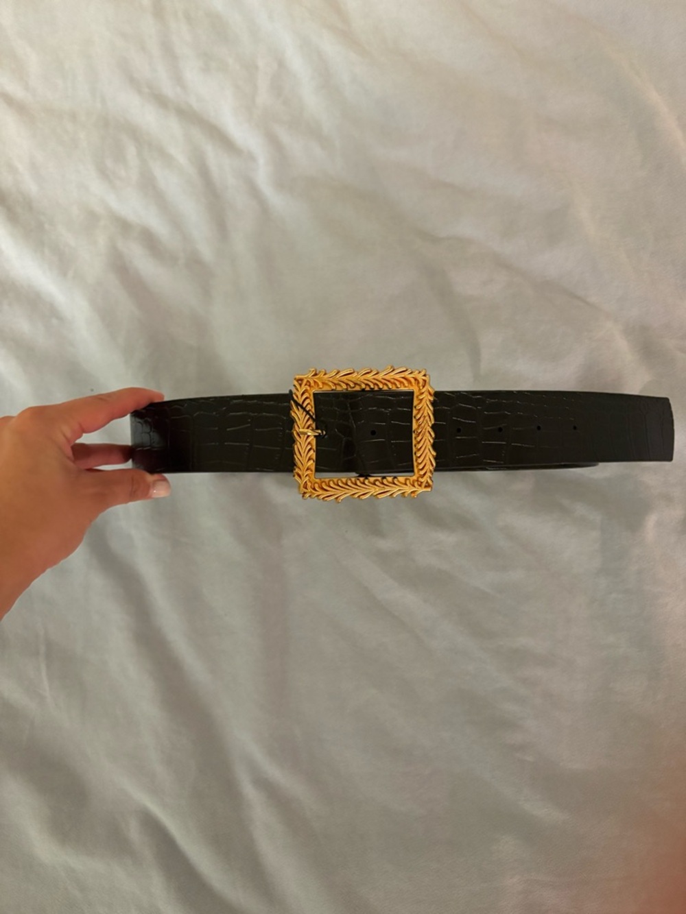 Nasty Gal Black Croc-Embossed Belt with Gold Square Buckle